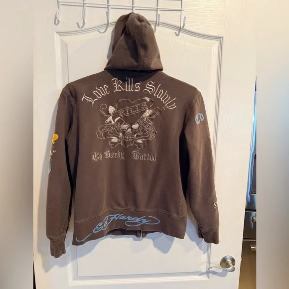 Ed Hardy Vintage brown unisex Graphic skull full Zip Up Hoodie Y2K Size XL